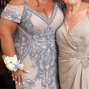 Mother of groom in champagne/ mother of the bride in silver beaded